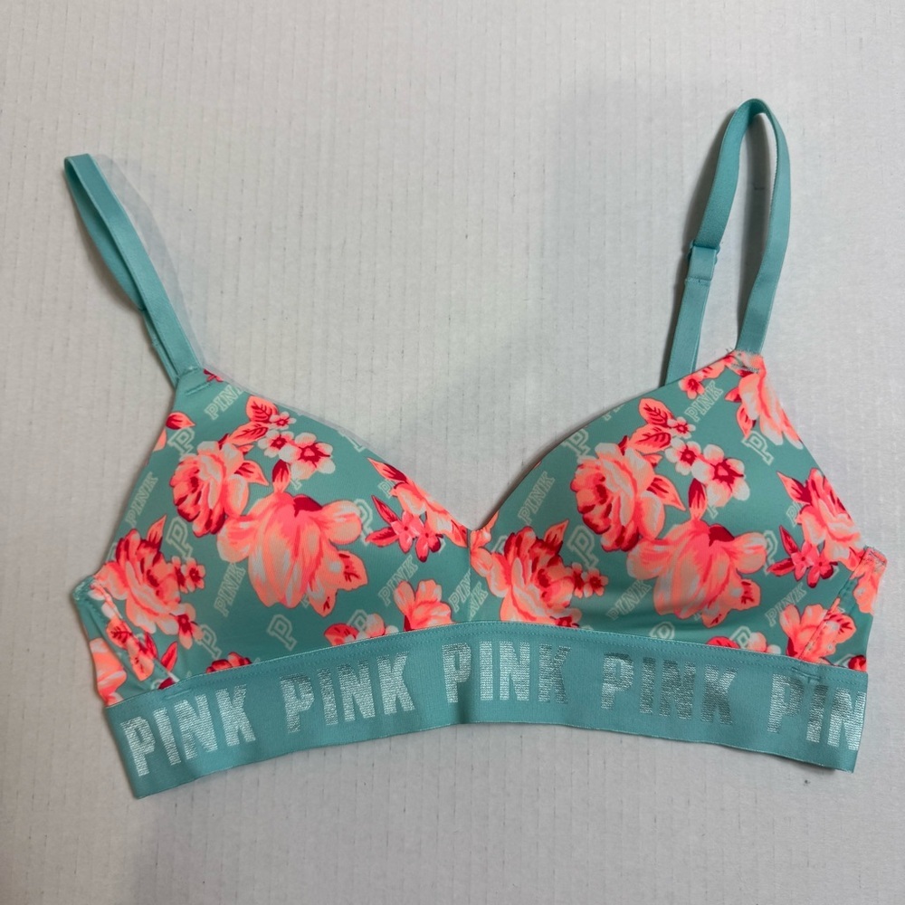Pink Victoria’s Secret Wear Everywhere Wire Floral Print Bra with Coral Accents